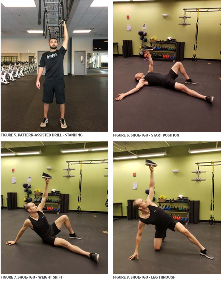 Figure 5. Pattern-Assisted Drill- Standing; Figure 6. Shoe-TGU- Start Position; Figure 7. Shoe-TGU- Weight Shift; Figure 8. Shoe-TGU- Leg Through